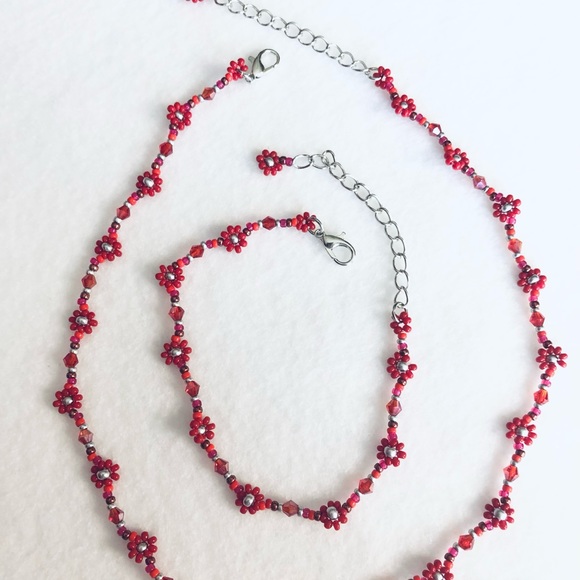 Red Flower Choker Necklace Bracelet Set Daisy Crystal Silver Y2K Boho New - Picture 8 of 8
